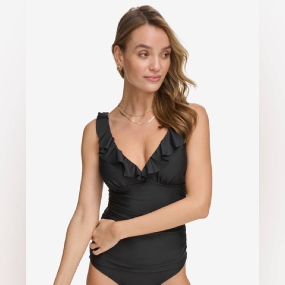NWT DKNY Women's Ruffled V Neck Tankini Swim Top Size Small Black